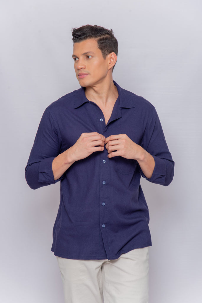 Men's UPF 35 Linen Button Down Sun Protective Shirt Long Sleeve Navy | Soteria