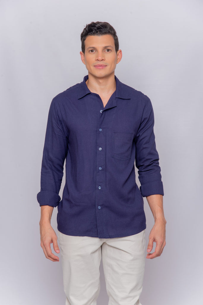 Men's UPF 35 Linen Button Down Sun Protective Long Sleeve Shirt Navy | Soteria