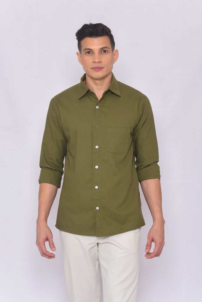 Men's UPF 35 Linen Button Down Sun Protective Shirt Long Sleeve Olive | Soteria