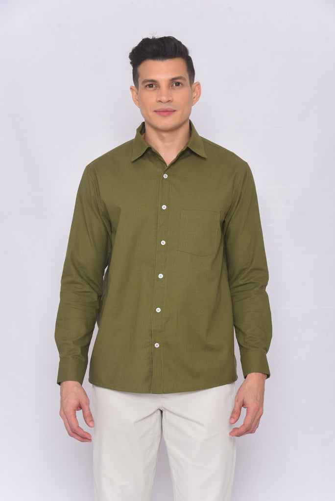 Men's UPF 35 Linen Button Down Sun Protective Shirt Long Sleeve Olive | Soteria