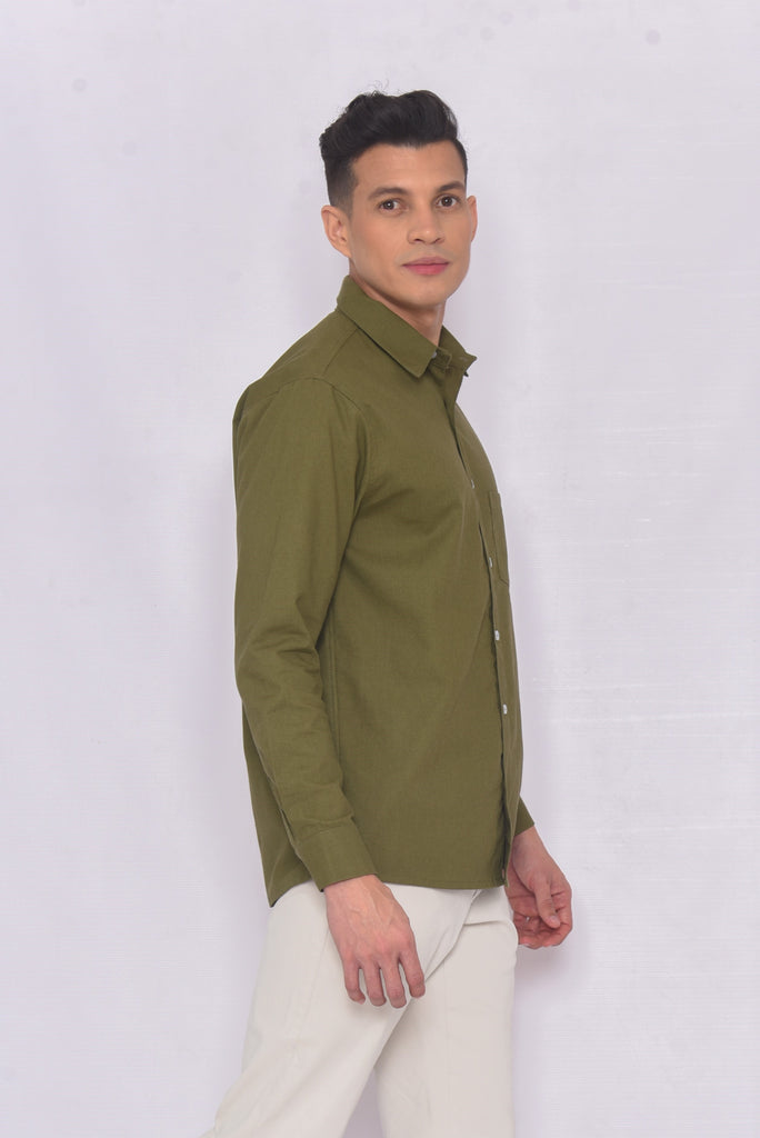 Men's UPF 35 Linen Button Down Sun Protective Shirt Long Sleeve Olive | Soteria