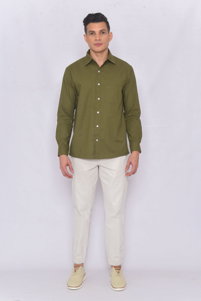 Men's UPF 35 Linen Button Down Sun Protective Shirt Long Sleeve Olive | Soteria