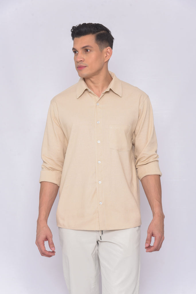 Men's UPF 35 Linen Button Down Sun Protective Shirt Long Sleeve Tan | Soteria