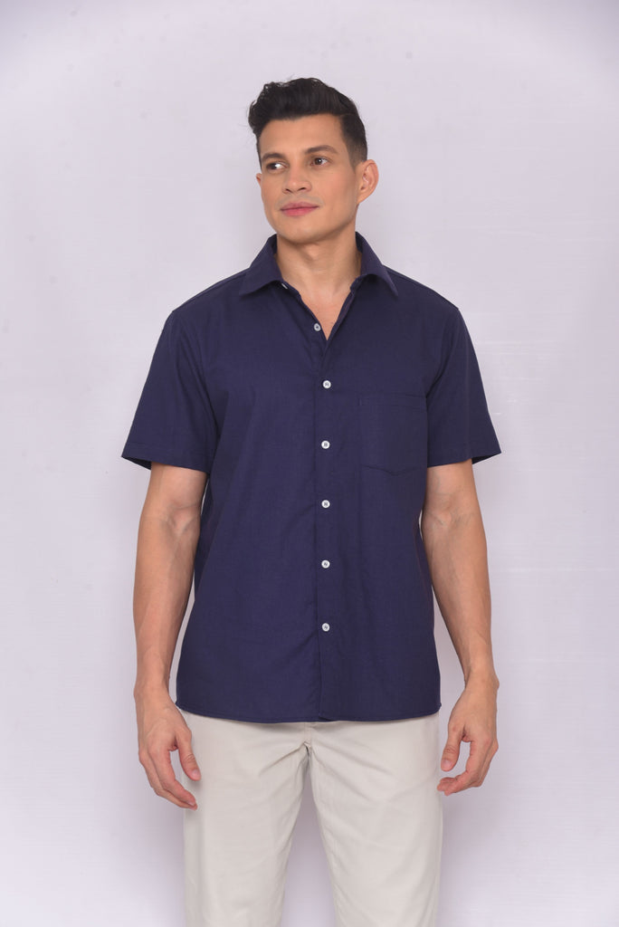 Men's UPF 35 Linen Button Down Sun Protective Shirt Short Sleeve  Navy | Soteria