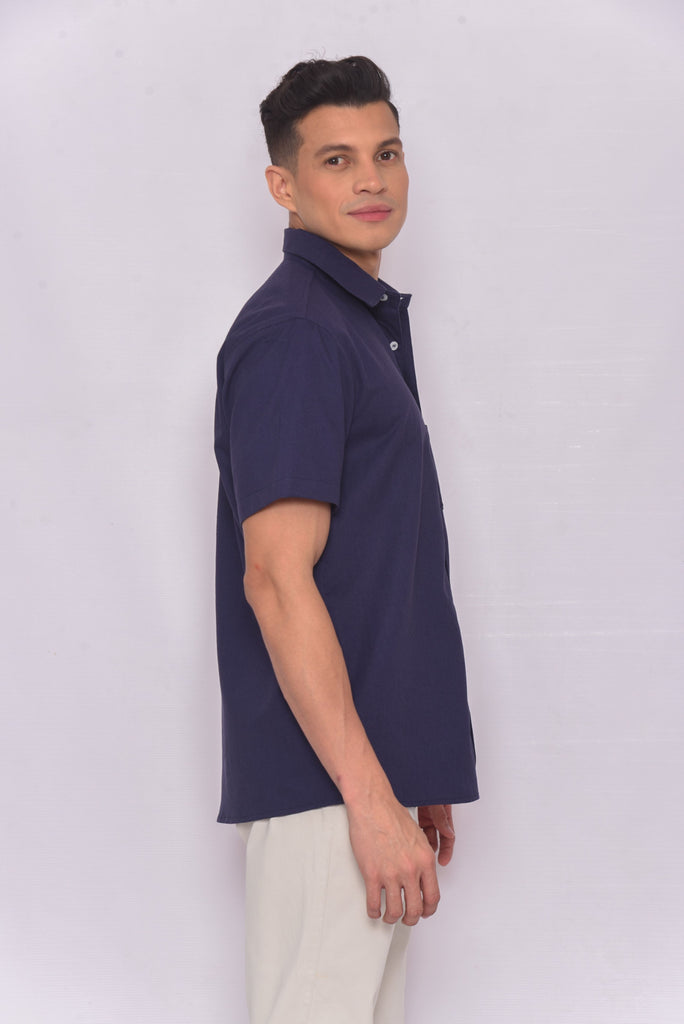 Men's UPF 35 Linen Button Down Sun Protective Shirt Short Sleeve  Navy | Soteria