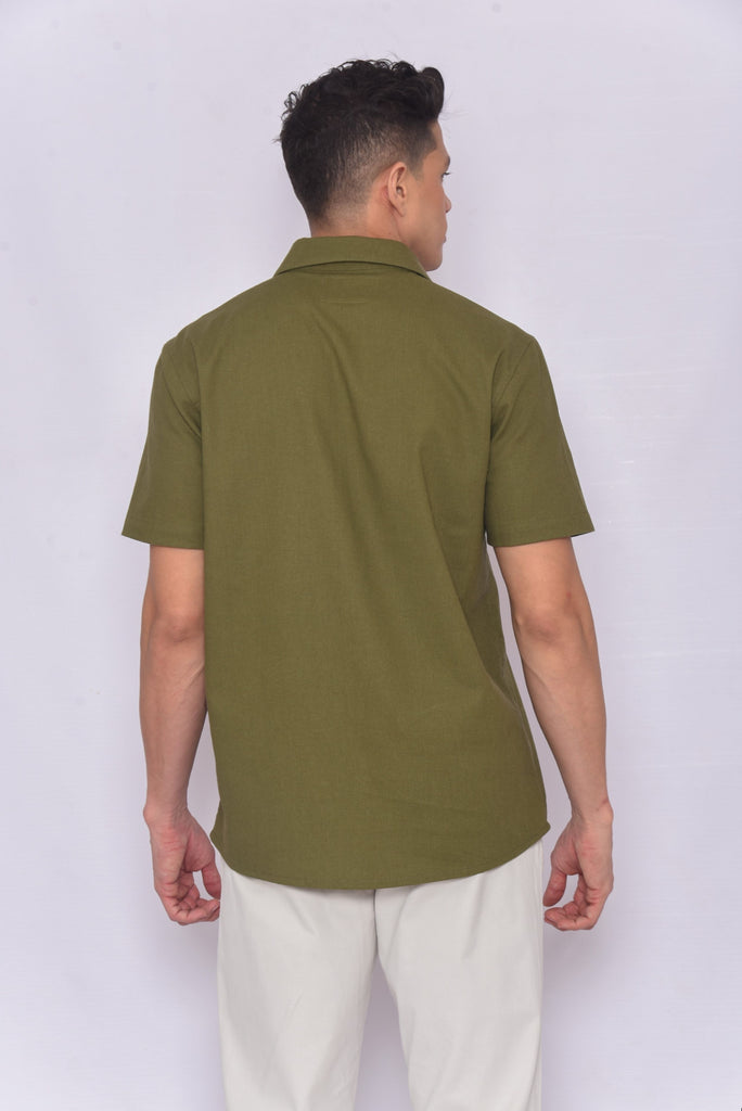 Men's UPF 35 Linen Button Down Sun Protective Shirt Short Sleeve Olive | Soteria