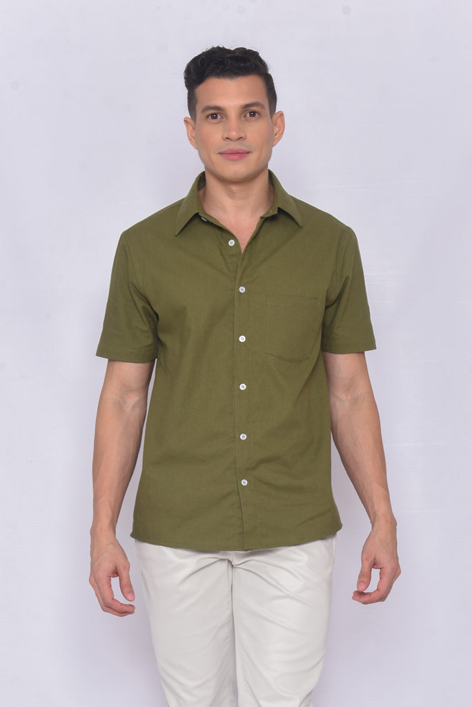 Men's UPF 35 Linen Button Down Sun Protective Shirt Short Sleeve Olive | Soteria