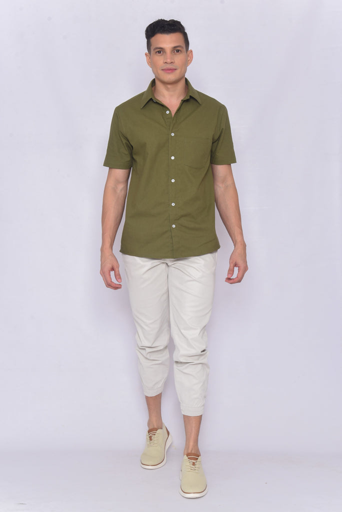 Men's UPF 35 Linen Button Down Sun Protective Short Sleeve Shirt Olive Green | Soteria