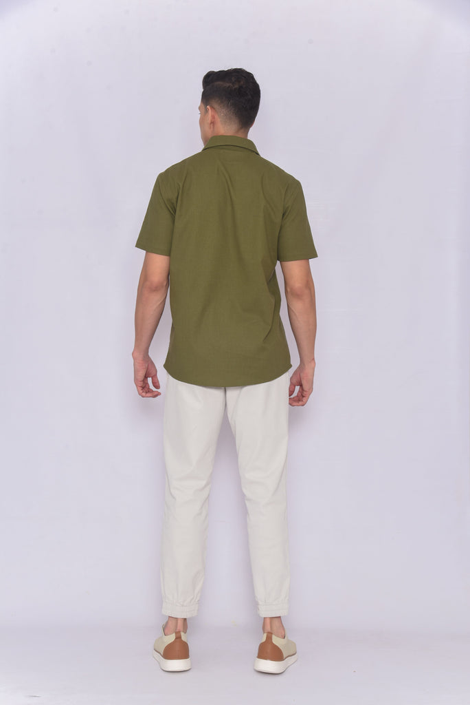 Men's UPF 35 Linen Button Down Sun Protective Shirt Short Sleeve Olive | Soteria