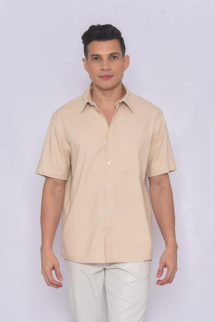 Men's UPF 35 Linen Button Down Sun Protective Shirt Short Sleeve Tan | Soteria