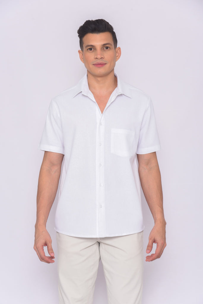 Men's UPF 35 Linen Button Down Sun Protective Shirt Short Sleeve White | Soteria