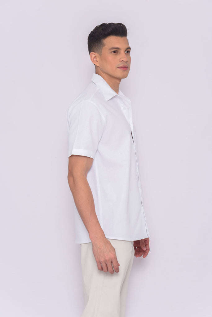 Men's UPF 35 Linen Button Down Sun Protective Shirt Short Sleeve White | Soteria