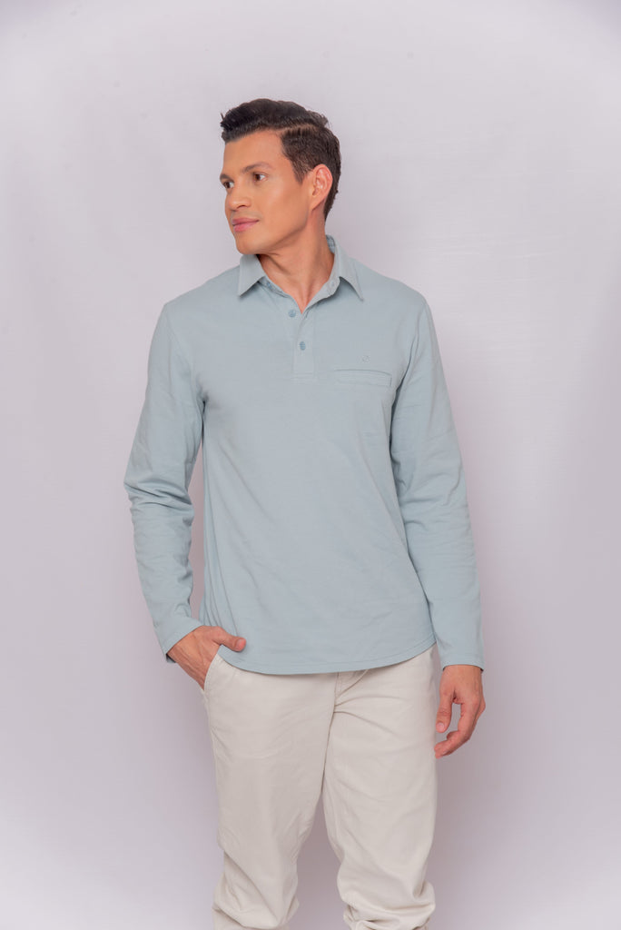 Men's UPF 50 Sun Protective Long Sleeve Shirt Polo Light Blue | Soteria