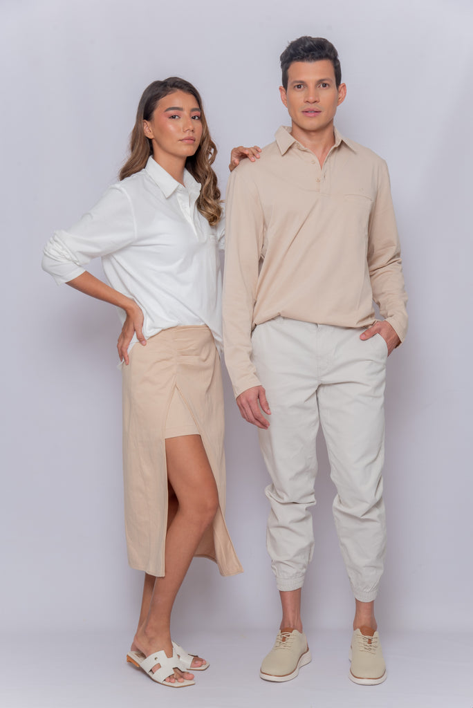 Women's or Men's UPF 50 Sun Protective long sleeve shirt polo white and tan | Soteria