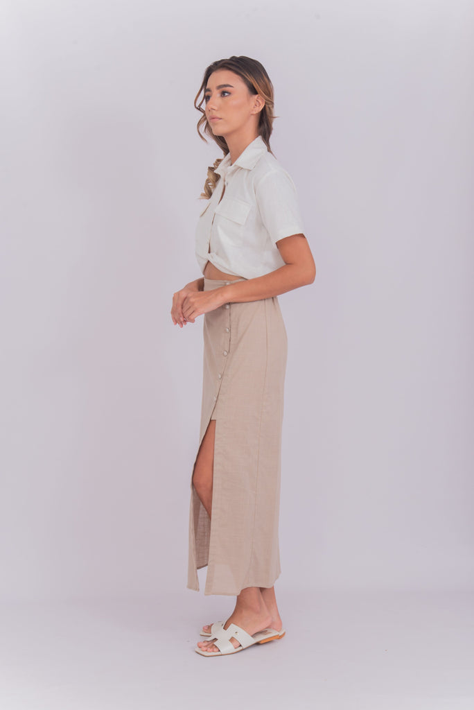 Women's UPF 35 Sun Protective Midi Skirt Linen Tan | Soteria