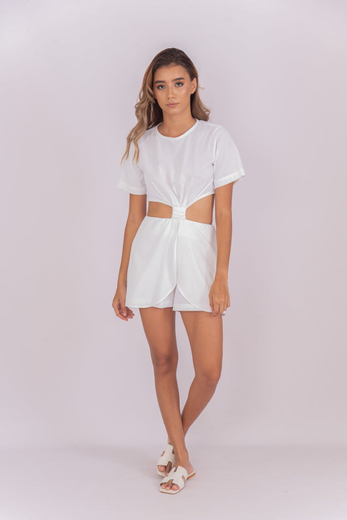 Women's UPF 35 Sun Protective Romper with Cutouts Linen White | Soteria