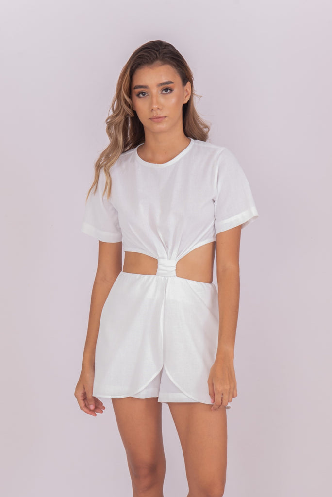 Women's UPF 35 Sun Protective Romper with Cutouts Linen White | Soteria