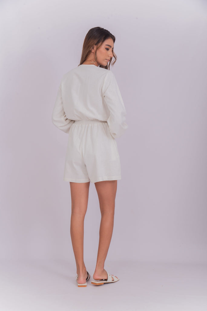 Women's UPF 35 Sun Protective Romper with Long Sleeves Linen cream white | Soteria