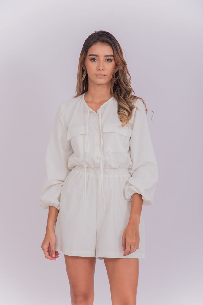 Women's UPF 35 Sun Protective Romper with Long Sleeves Linen cream white | Soteria