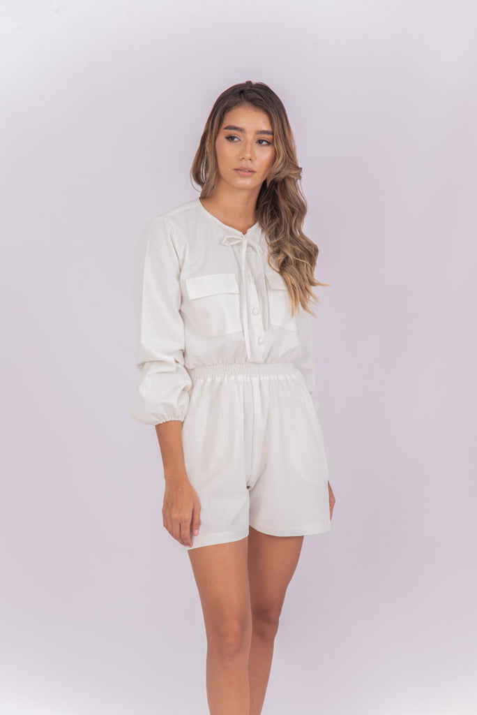 Women's UPF 35 Sun Protective Romper with Long Sleeves Linen cream white | Soteria