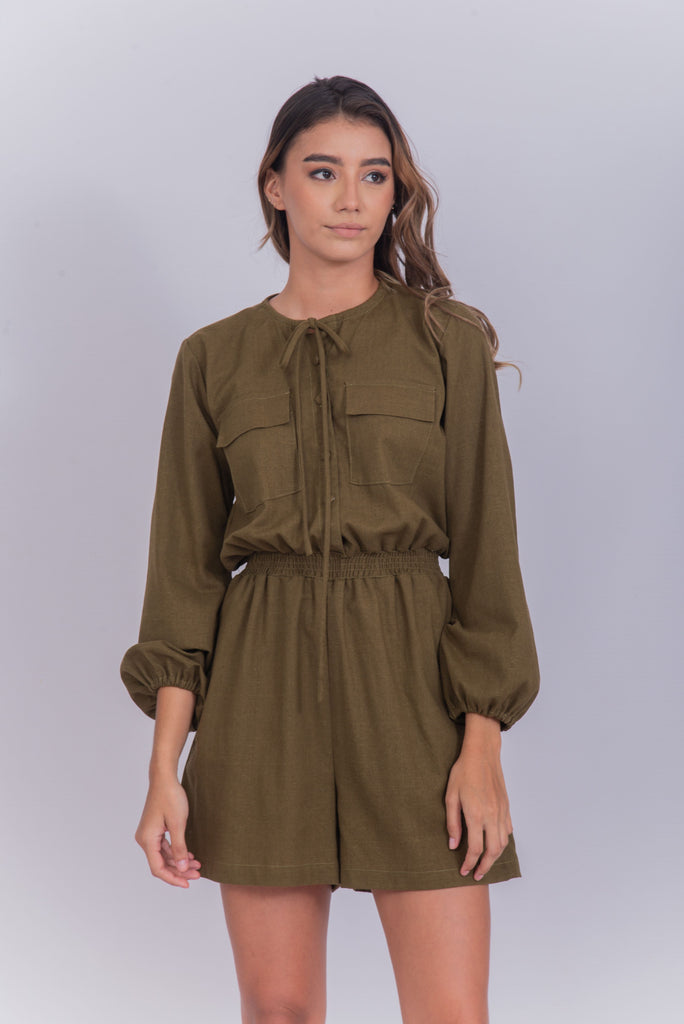 Women's UPF 35 Sun Protective Romper with Long Sleeves Linen Green | Soteria