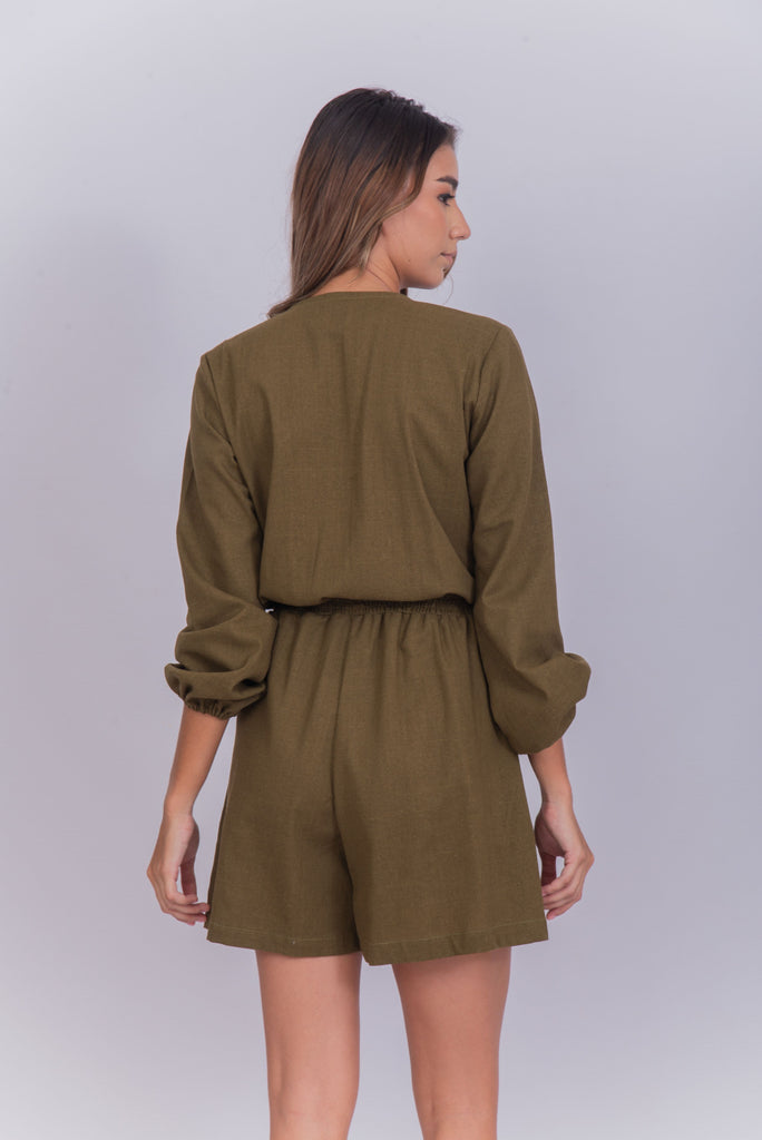 Women's UPF 35 Sun Protective Romper with Long Sleeves Linen Olive Green | Soteria