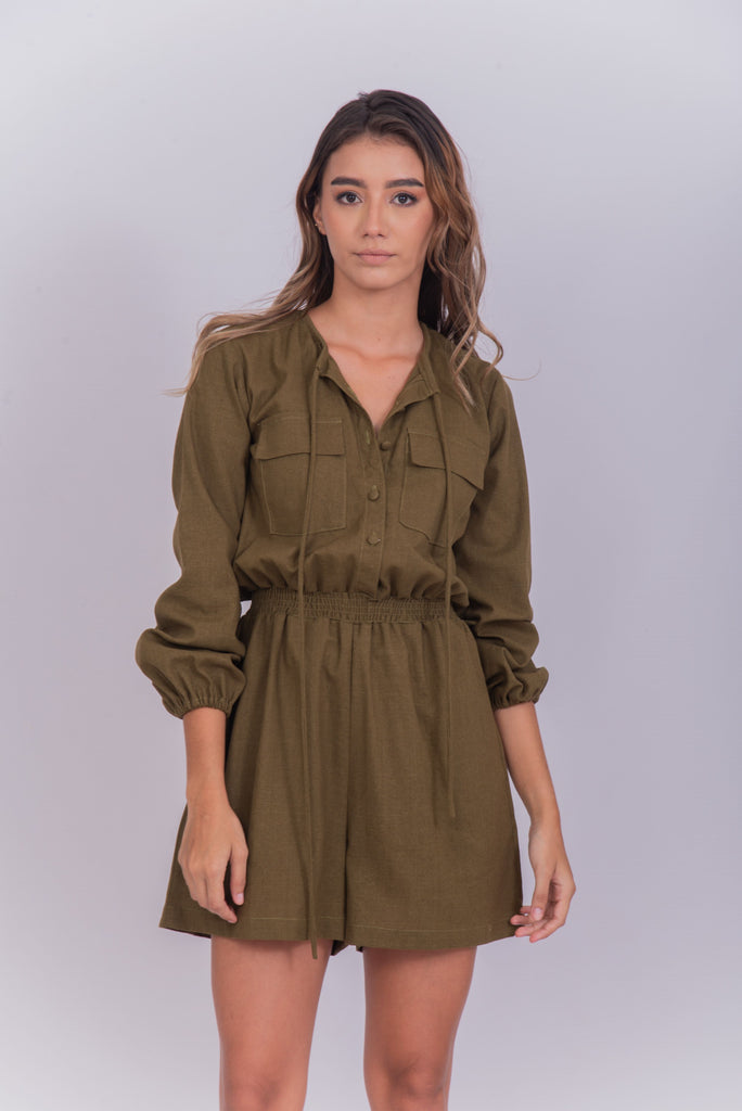 Women's UPF 35 Sun Protective Romper with Long Sleeves Linen Olive Green | Soteria