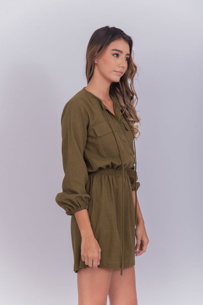 Women's UPF 35 Sun Protective Romper with Long Sleeves Linen Olive Green | Soteria