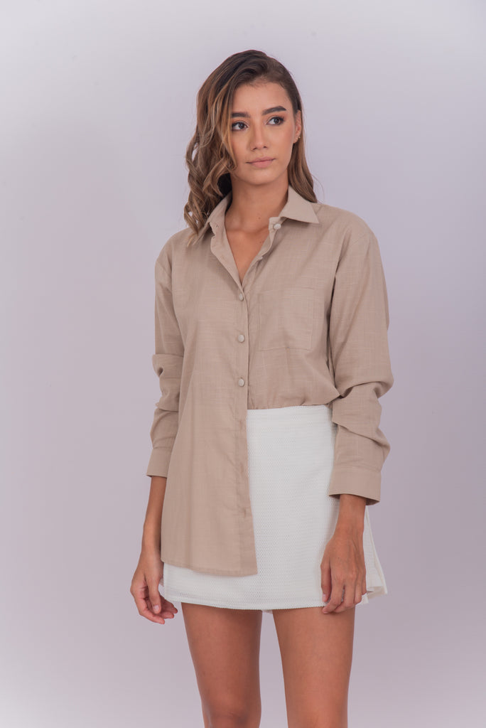 Women's UPF 35 Linen Sun Protective Long Sleeve Button Down Shirt Tan | Soteria