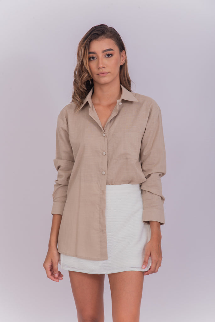 Women's UPF 35 Linen Sun Protective Long Sleeve Button Down Shirt Tan | Soteria