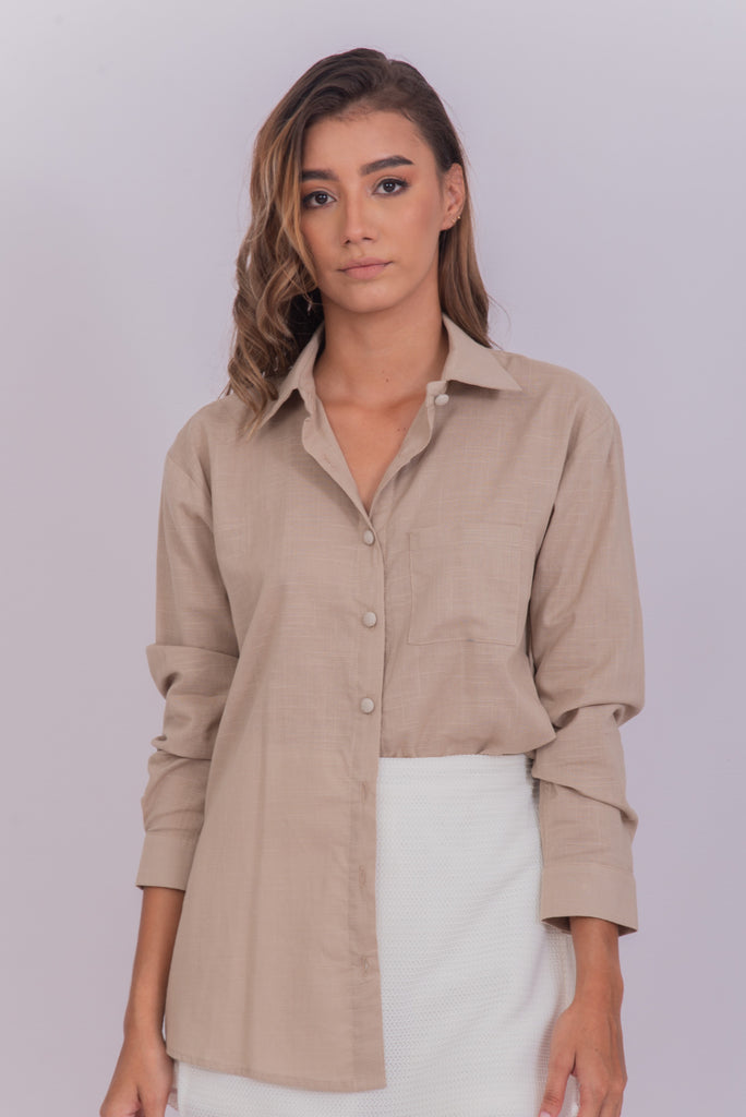 Women's UPF 35 Linen Sun Protective Long Sleeve Button Down Shirt Tan | Soteria