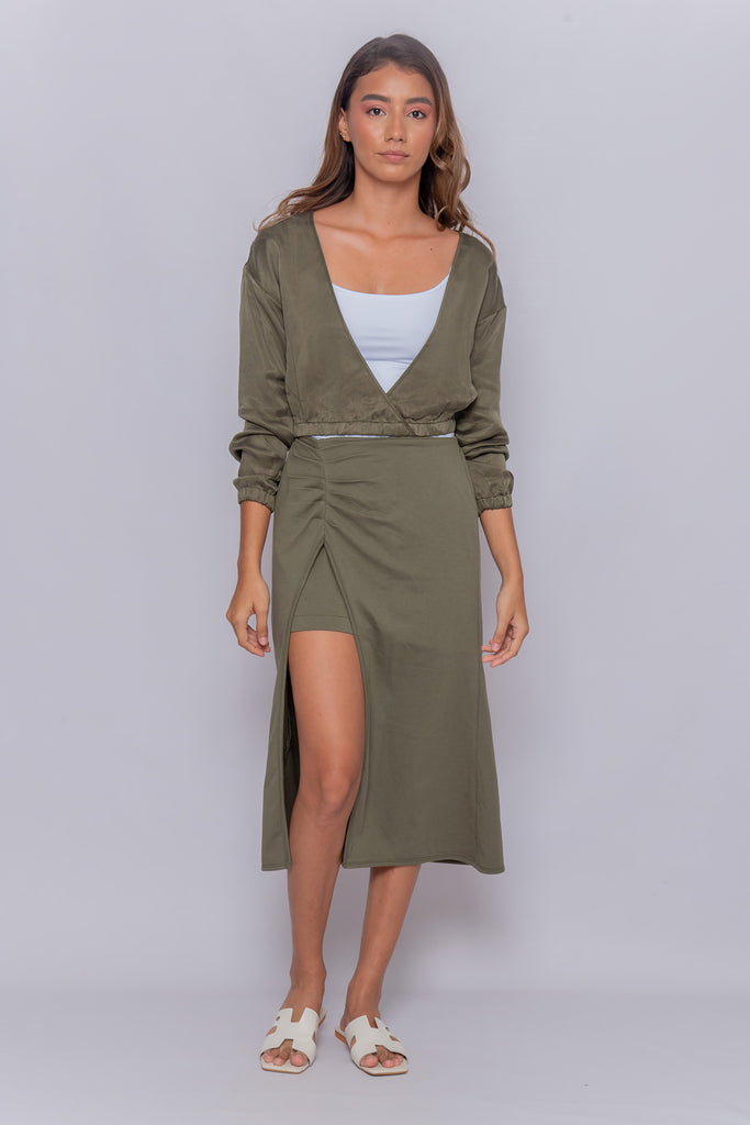 Women's UPF 50 Sun Protective Sweater Cropped Pullover and UPF Skirt Set Olive | Soteria