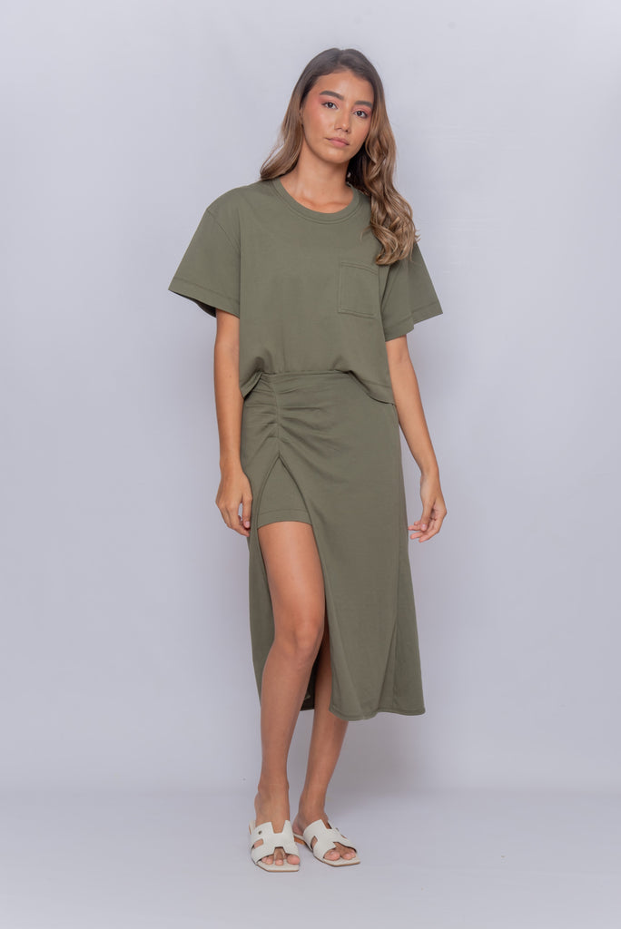 Women's UPF 50 Sun Protective Cropped Tee and UPF Skirt Set olive green | Soteria