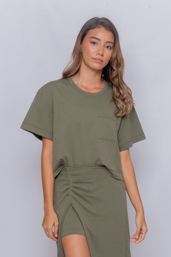 Women's UPF 50 Sun Protective Cropped Tee and UPF Skirt Set olive green | Soteria