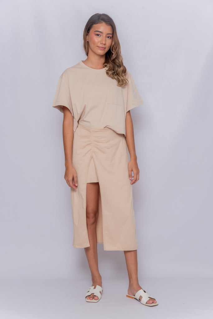 Women's UPF 50 Sun Protective Cropped Tee and UPF Skirt Set Tan | Soteria